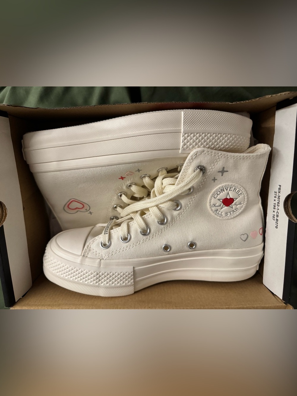 Converse Cream High Top Sneakers with Red and Pink Heart Detail